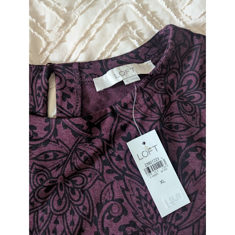 NWT LOFT Women's Size XL Plum & Black Paisley Drop Waist Ruffle Hem Dress - Picture 6 of 6